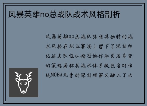 风暴英雄no总战队战术风格剖析