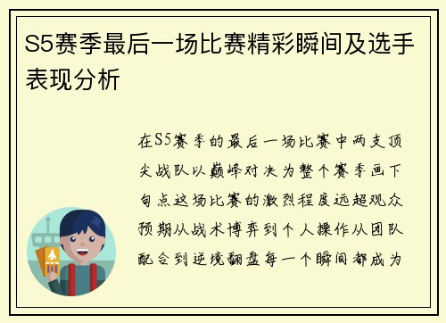 S5赛季最后一场比赛精彩瞬间及选手表现分析